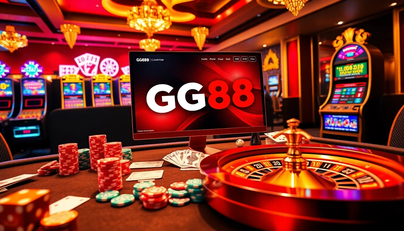 Experience the thrill of GG88 online gambling with vibrant casino elements like poker chips and roulette.
