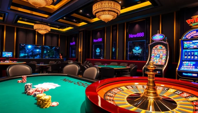Exciting gameplay at New888 casino with vibrant poker table and roulette wheel.