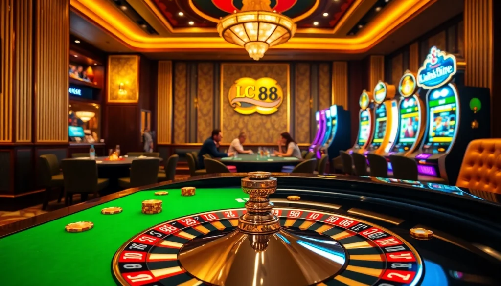 Engaging scene of gamblers at a roulette table in a luxurious casino setting featuring LC 88 branding.