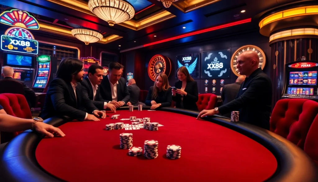 Excited players enjoy a high-stakes poker game at XX88 casino, surrounded by luxurious decor.