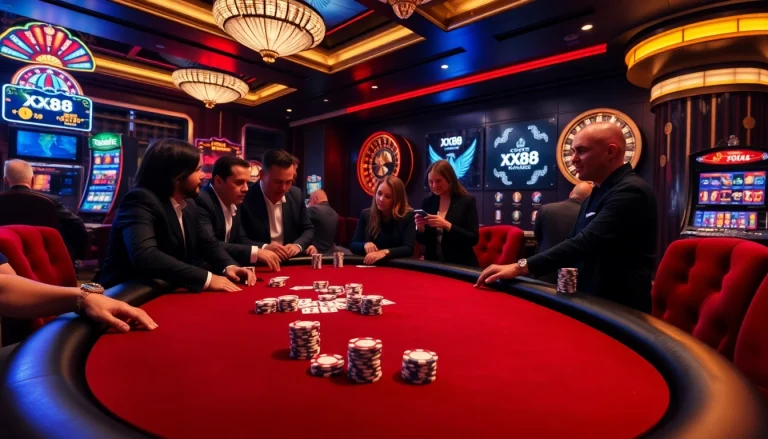 Excited players enjoy a high-stakes poker game at XX88 casino, surrounded by luxurious decor.
