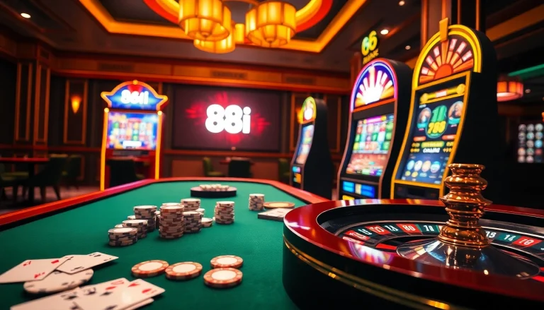 Experience the thrill of 88i with vibrant casino games, chips, and cards on display.