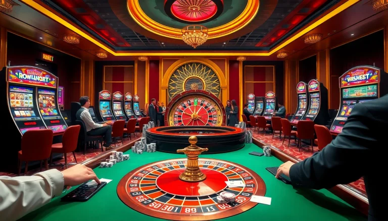 Exciting gambling scene showcasing 88i nhà cái with roulette wheel, casino tables, and vibrant players.