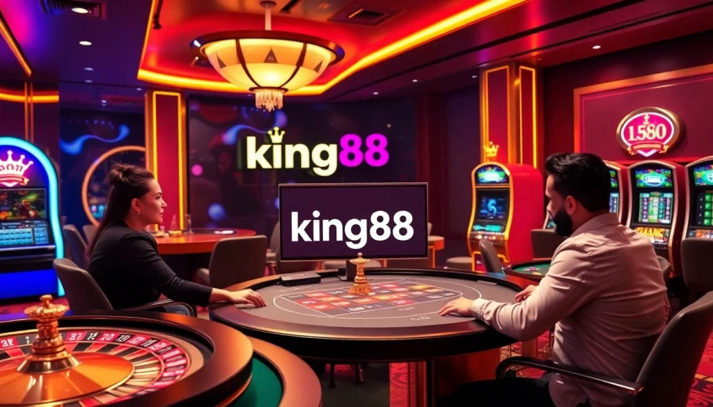 Engage with king88's lively online casino scene showcasing roulette wheels and poker chips.
