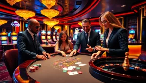 Players enjoying a thrilling game at a KK55 casino table with vibrant chips and cards.