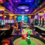 Excited gamblers enjoying high-stakes gaming at https://nohu.business/ casino, with vibrant tables and chips.