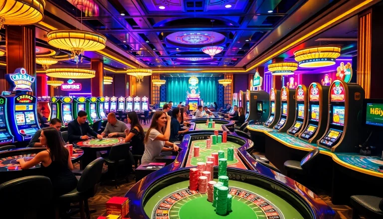 Excited gamblers enjoying high-stakes gaming at https://nohu.business/ casino, with vibrant tables and chips.