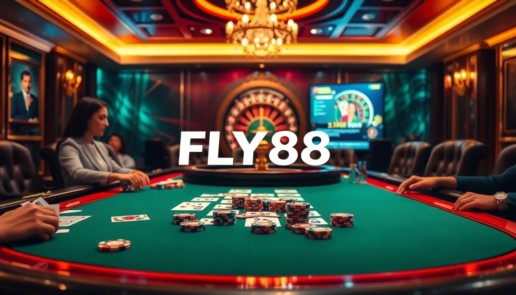 Experience the thrill of FLY88 trang chủ in this vibrant casino scene with poker tables and lively players.