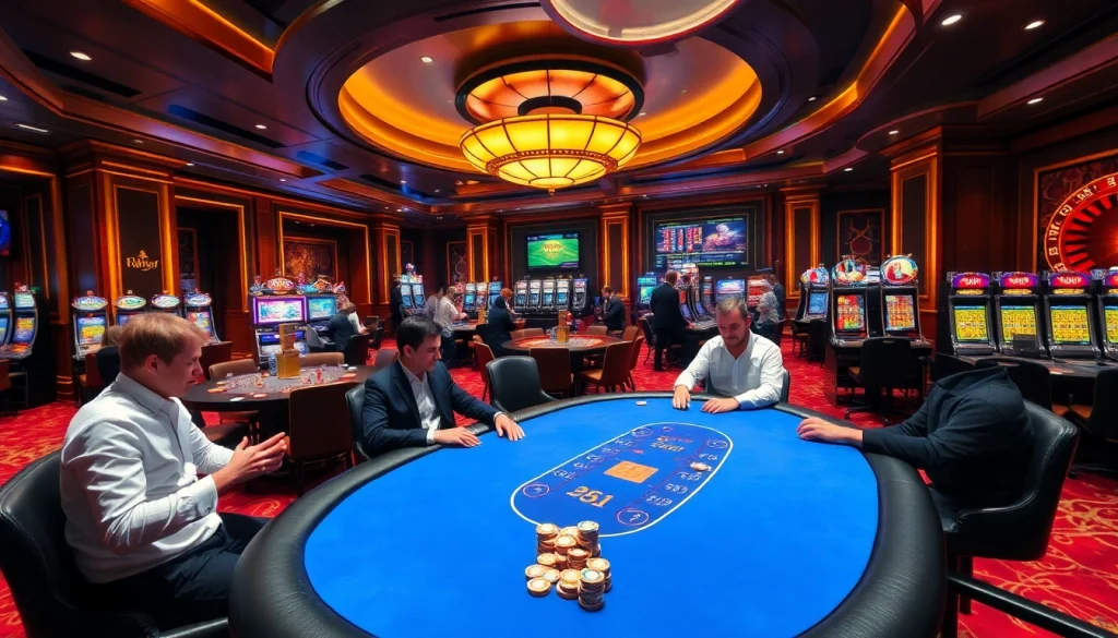 Players enjoying a thrilling gambling experience at KK55's luxurious casino tables.
