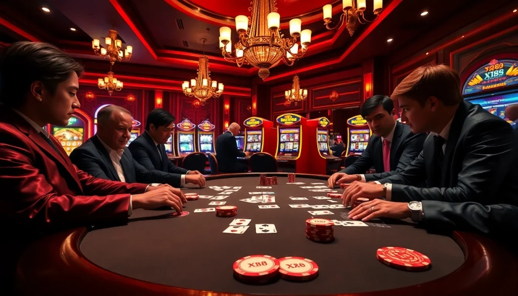 Players experiencing the thrill of the casino at the XX88 poker table with vibrant chips and cards.