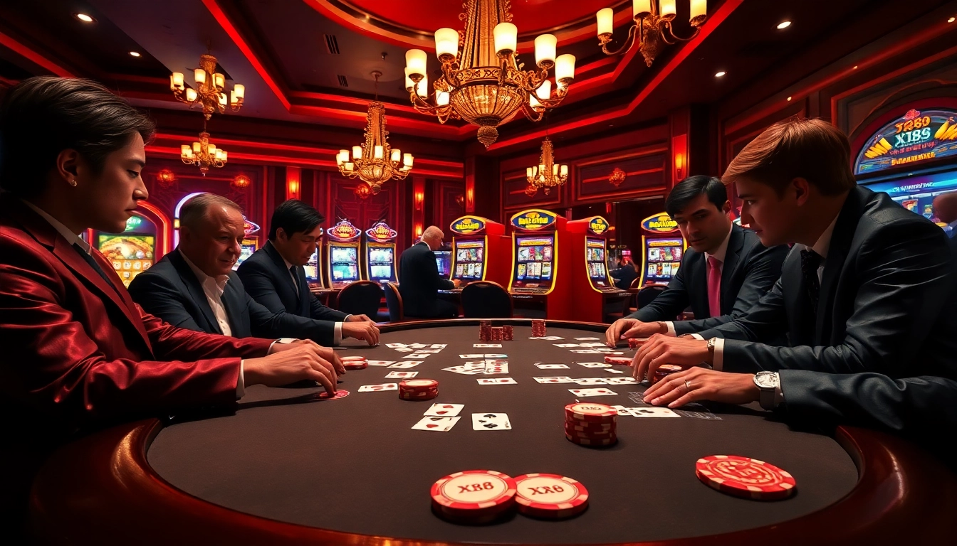 Players experiencing the thrill of the casino at the XX88 poker table with vibrant chips and cards.