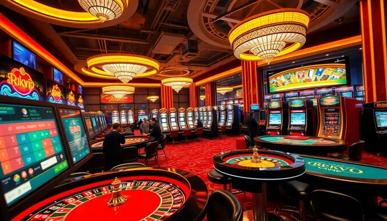 Experience thrilling gameplay at rikvip with vibrant casino tables and illuminated slot machines.