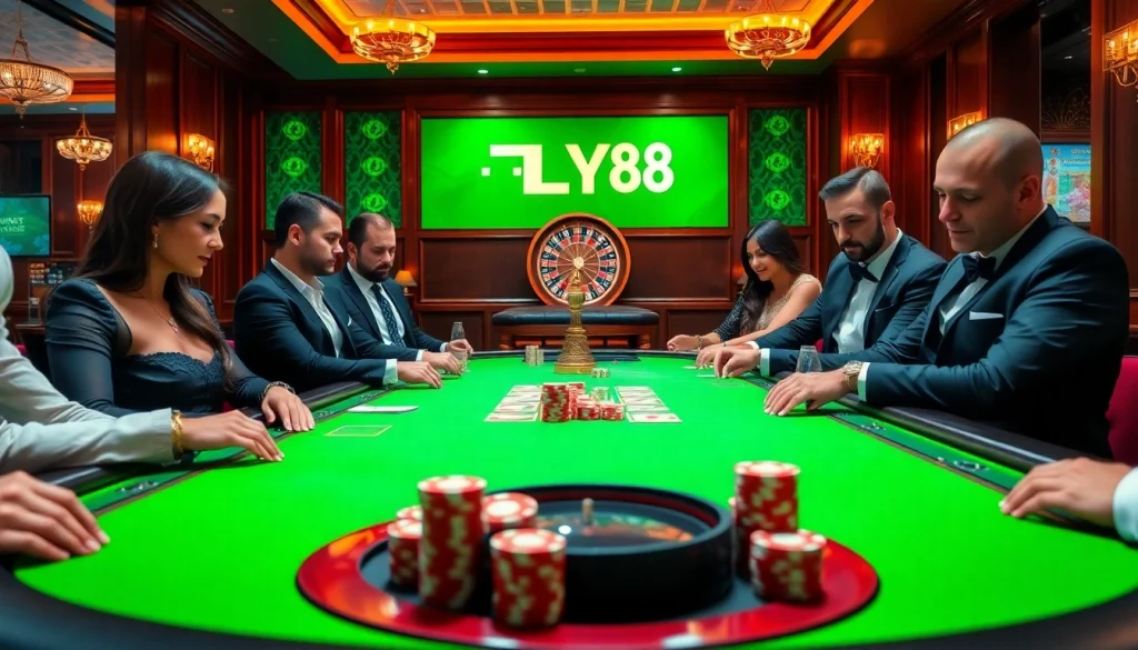 High-stakes FLY88 poker table with vibrant chips and focused players enjoying the game.