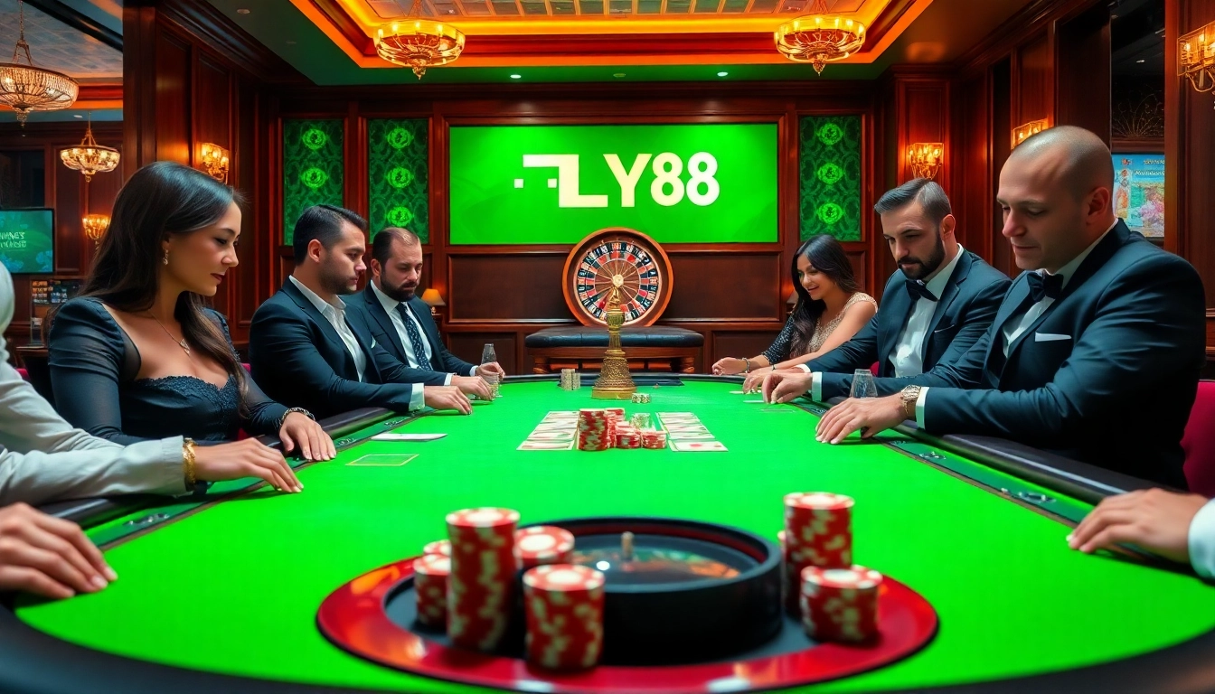 High-stakes FLY88 poker table with vibrant chips and focused players enjoying the game.