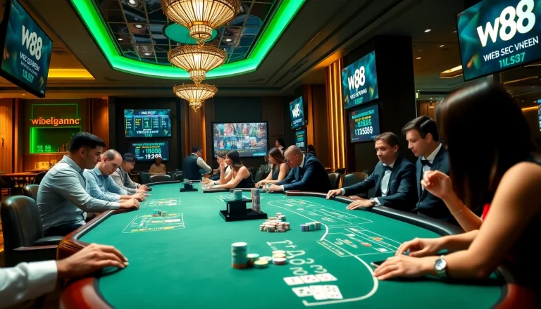 Exciting online gaming scene at W88.nyc, featuring players at Baccarat and Blackjack tables.