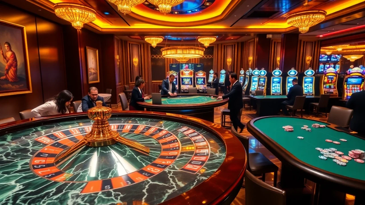 KJC gaming table featuring an elegant roulette wheel and vibrant action on the casino floor.
