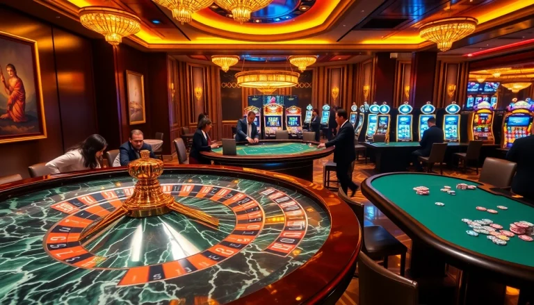 KJC gaming table featuring an elegant roulette wheel and vibrant action on the casino floor.