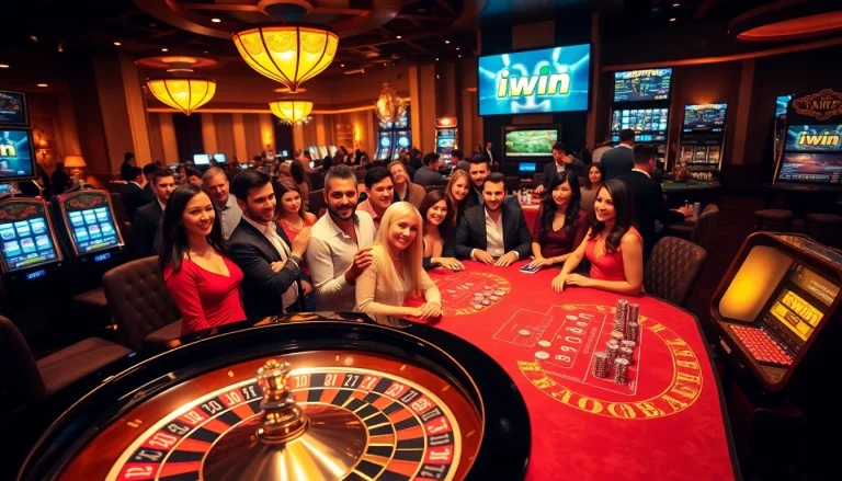 Experience the excitement of iwin at a luxurious casino with vibrant tables and diverse players.