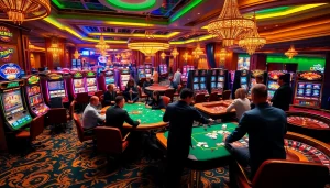 Experience the thrill of win55 as gamblers strategize at a high-stakes table in a luxurious casino.