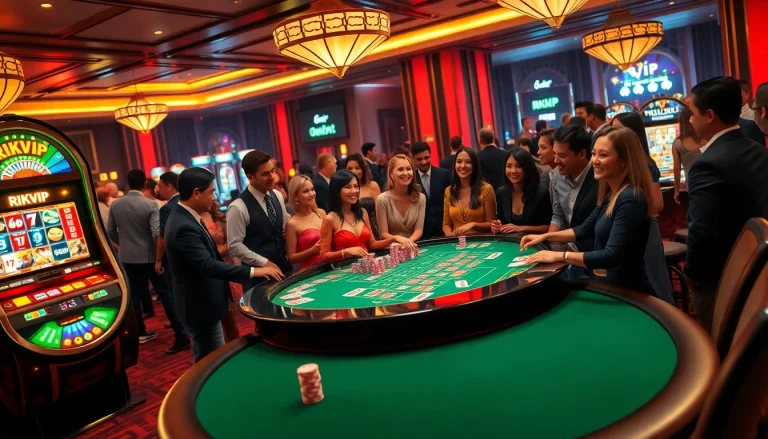 Players enjoying exciting games at RIKVIP casino, featuring vibrant tables and slot machines.