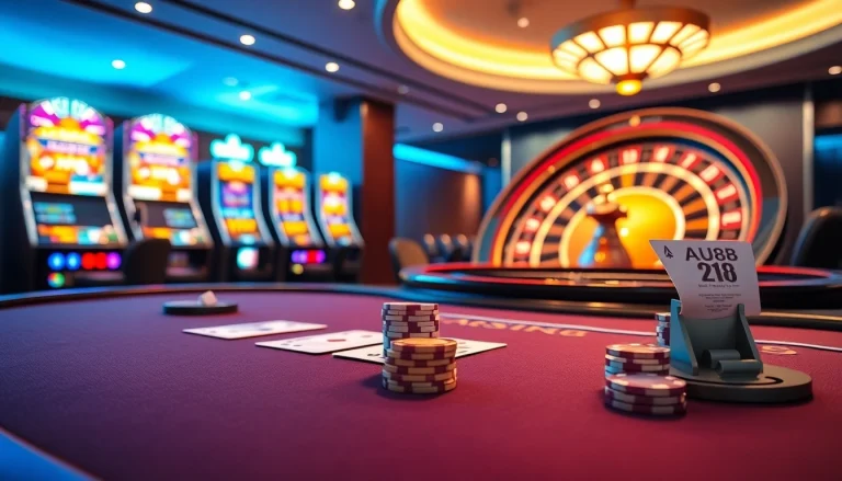 Experience the thrill of AU88 with vibrant casino tables and luxurious gaming interfaces.