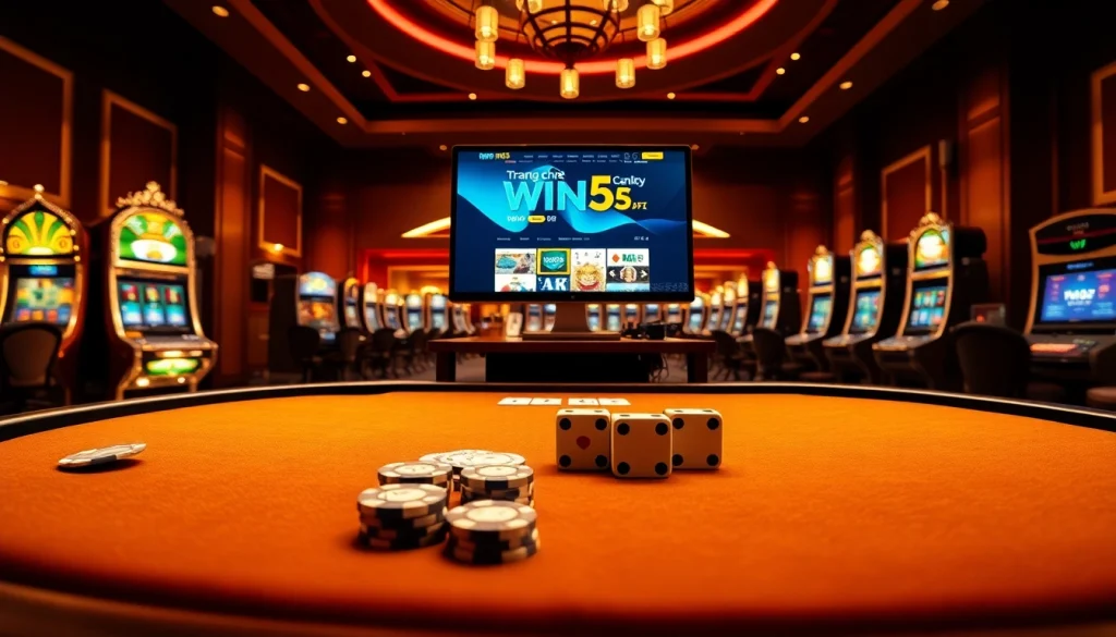 Experience thrill and luxury at trang chủ win55 with poker tables and slot machines lighting up the scene.