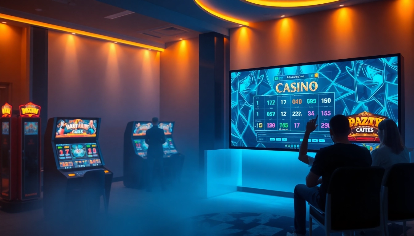 Vibrant online casino scene featuring Lauthaitv's thrilling gaming experience with digital displays and excited players.
