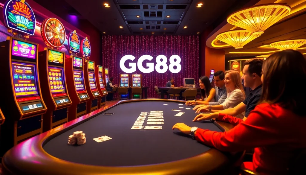 GG88 casino scene featuring players at poker and slot machines in a vibrant atmosphere.