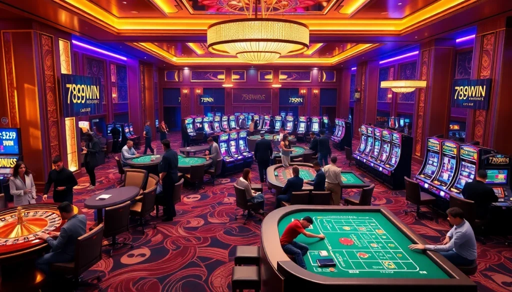 Gamblers enjoying high-stakes excitement at the 789WIN casino, featuring roulette, poker, and slots.
