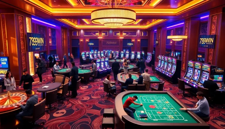 Gamblers enjoying high-stakes excitement at the 789WIN casino, featuring roulette, poker, and slots.