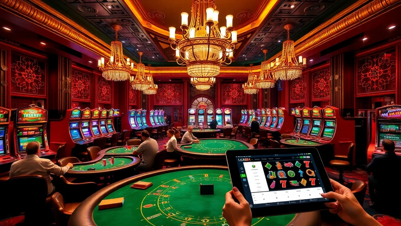 A thrilling casino scene showcasing players around a poker table, with vibrant slot machines, inspired by Lc88x.com for an engaging experience.