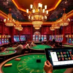 A thrilling casino scene showcasing players around a poker table, with vibrant slot machines, inspired by Lc88x.com for an engaging experience.