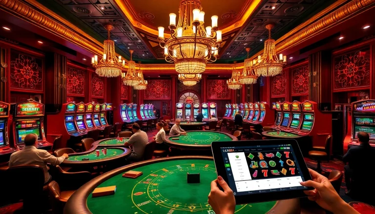 A thrilling casino scene showcasing players around a poker table, with vibrant slot machines, inspired by Lc88x.com for an engaging experience.
