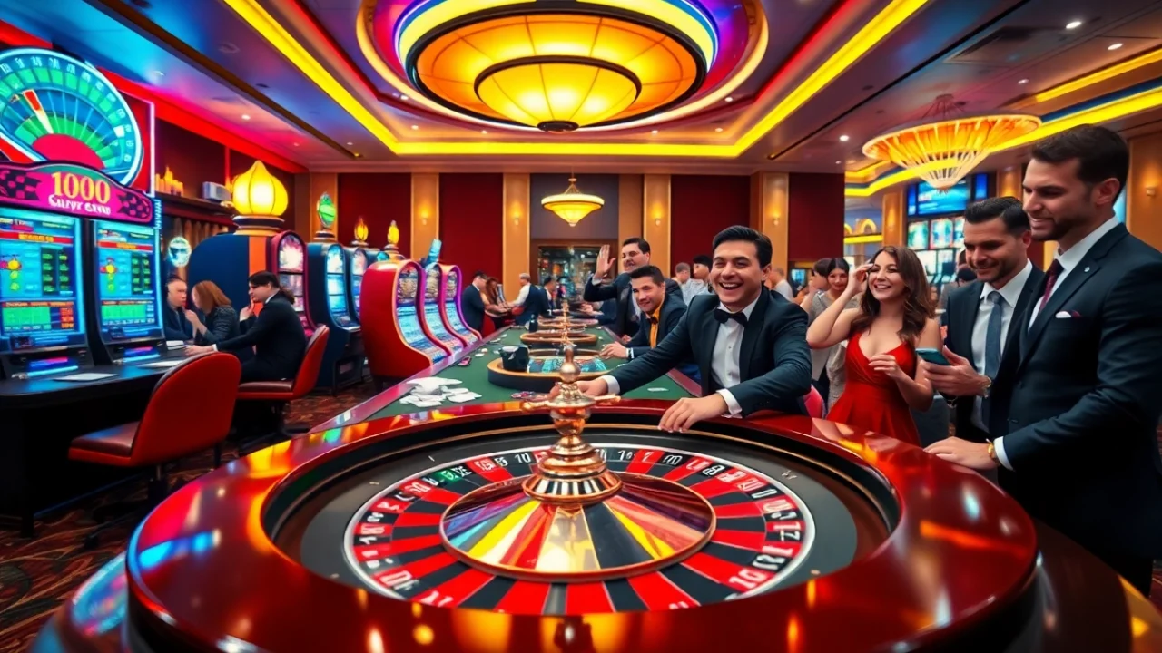 A vibrant casino scene at https://hm88.blue/ featuring enthusiastic gamblers around roulette and slot machines.