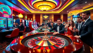 A vibrant casino scene at https://hm88.blue/ featuring enthusiastic gamblers around roulette and slot machines.