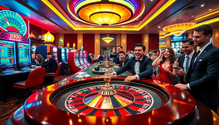 A vibrant casino scene at https://hm88.blue/ featuring enthusiastic gamblers around roulette and slot machines.