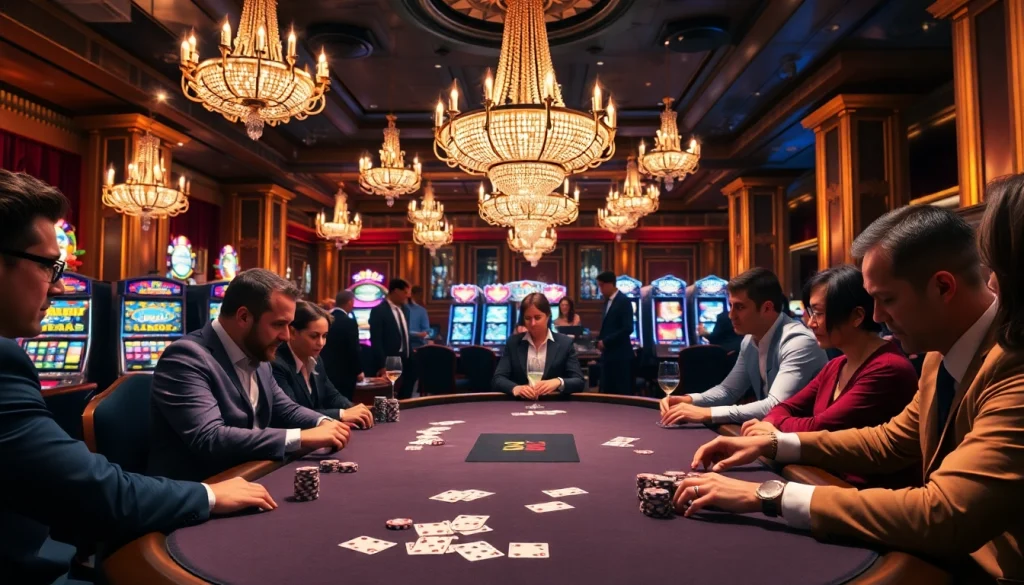 A vibrant casino atmosphere featuring excited players at poker tables while promoting https://kjcmh.com/ gaming experience.