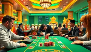 Exciting scene capturing a vibrant casino atmosphere as students apply to İstanbul Medipol University amid poker tables and rich gaming props.