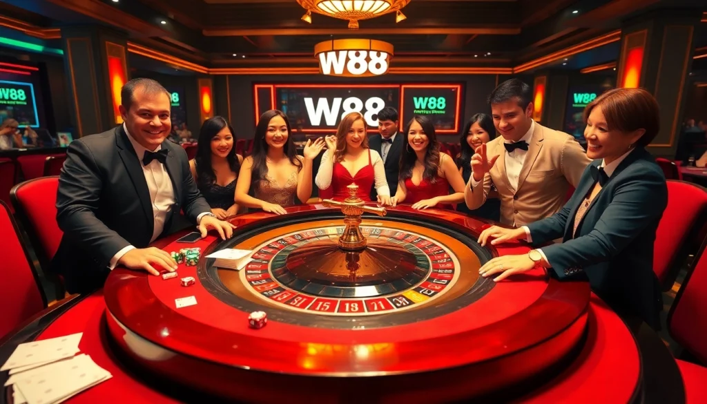 Players enjoying a luxurious gaming experience at W88's roulette table in a vibrant casino scene.