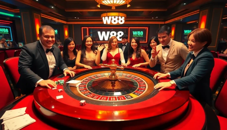 Players enjoying a luxurious gaming experience at W88's roulette table in a vibrant casino scene.