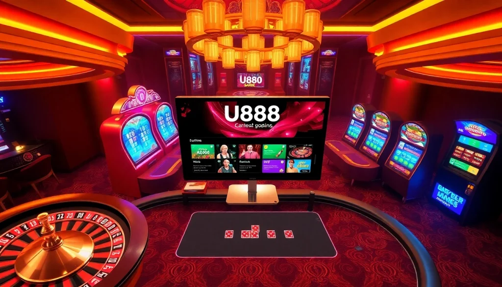 Engaging scene at a casino featuring the U888 platform with vibrant slot machines and betting tables.