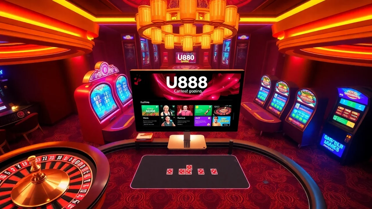 Engaging scene at a casino featuring the U888 platform with vibrant slot machines and betting tables.