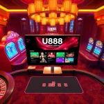 Engaging scene at a casino featuring the U888 platform with vibrant slot machines and betting tables.