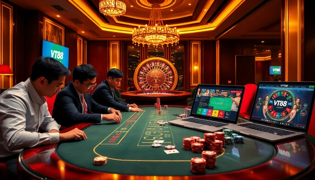 Vt88 nhà cái offers thrilling casino experiences with poker tables and vibrant betting activities.