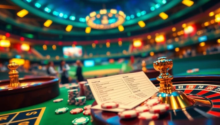 Betting enthusiasts analyze Keonhacai slips at a vibrant casino table filled with poker chips and roulette wheels.