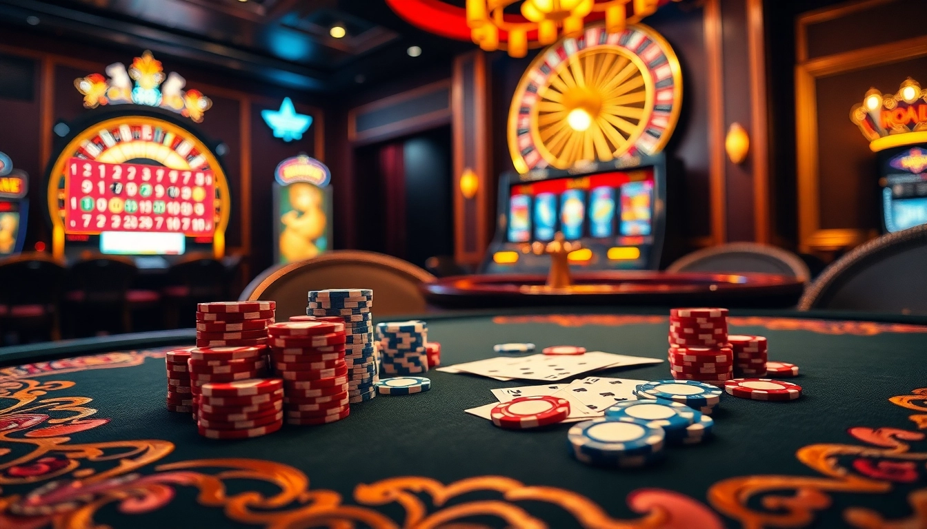 Experience the vibrant excitement of gambling at https://789club.quest/ with poker chips and slot machines.