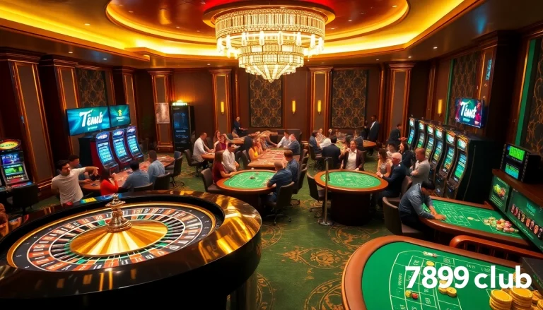 Players enjoying diverse casino games at 789club's vibrant gaming area, showcasing excitement and luxury.