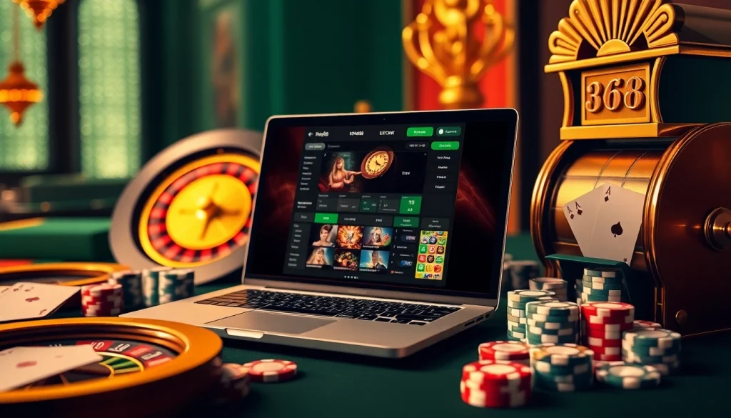 King88 online gambling scene showcasing a roulette wheel, poker chips, and a sleek laptop interface.