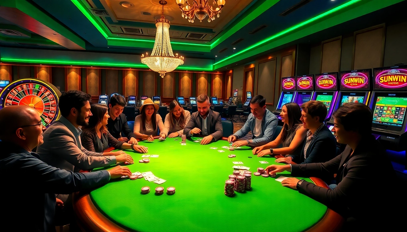 SUNWIN poker players at a luxurious casino table amidst vibrant lights and thrilling atmosphere.