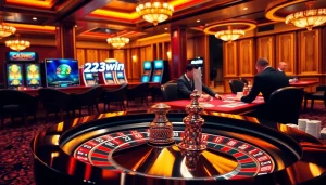 Experience the thrill of gambling at 23win with vibrant casino tables and excited players.